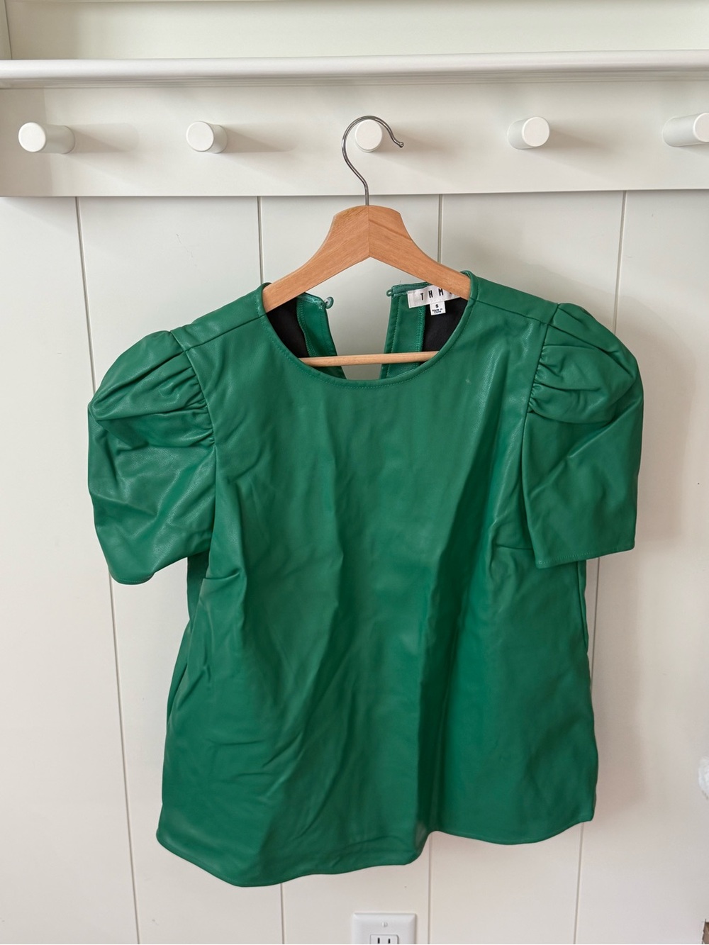 THML Emerald Puff-Sleeve Vegan Leather Top
